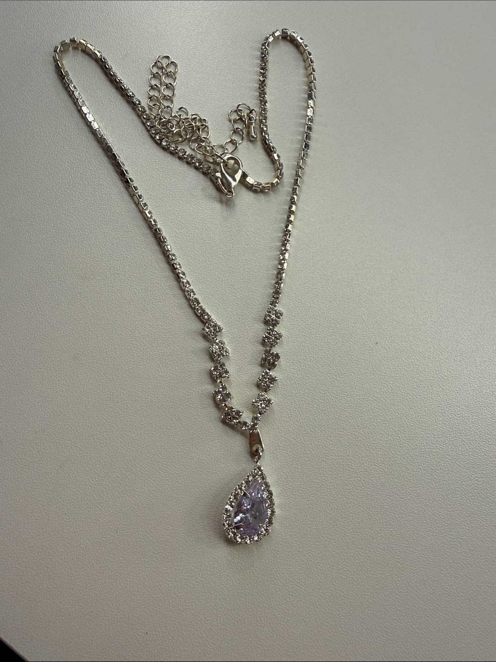 Silver Teardrop Necklace with Light Purple Crystal Pendant